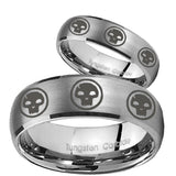 His Her Satin Silver Dome Multiple Skull Tungsten Carbide Wedding Rings Set