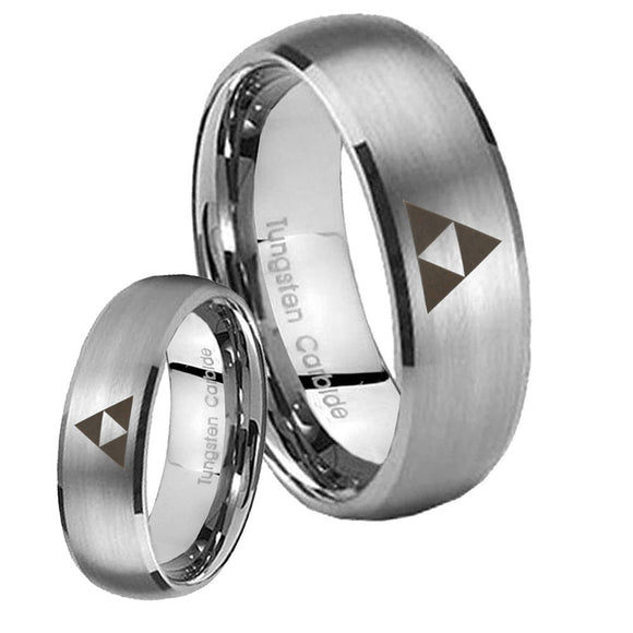 Bride and Groom Zelda Triforce Dome Brushed Tungsten Mens Wedding Ring Set