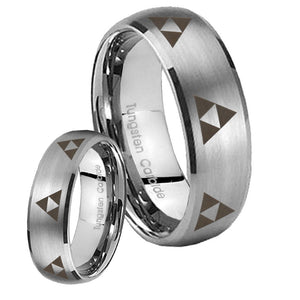 Bride and Groom Multiple Zelda Triforce Dome Brushed Tungsten Men's Ring Set