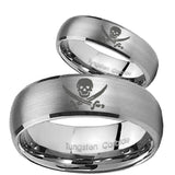 Bride and Groom Skull Pirate Dome Brushed Tungsten Mens Engagement Ring Set