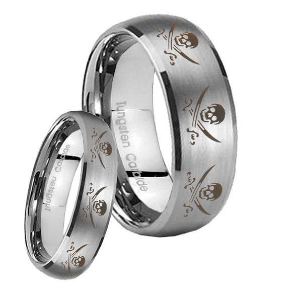 His Hers Multiple Skull Pirate Dome Brushed Tungsten Men's Bands Ring Set