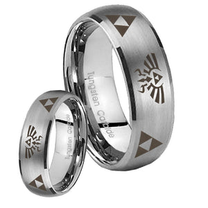 Bride and Groom Legend of Zelda Dome Brushed Tungsten Engagement Ring Set