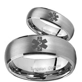 Bride and Groom Medical Alert Dome Brushed Tungsten Carbide Men's Ring Set