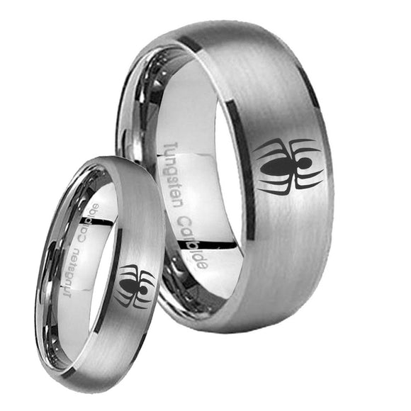 Bride and Groom Spiderman Dome Brushed Tungsten Carbide Engraved Ring Set