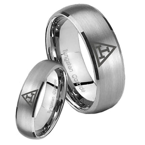 His Hers Masonic Triple Dome Brushed Tungsten Wedding Engagement Ring Set