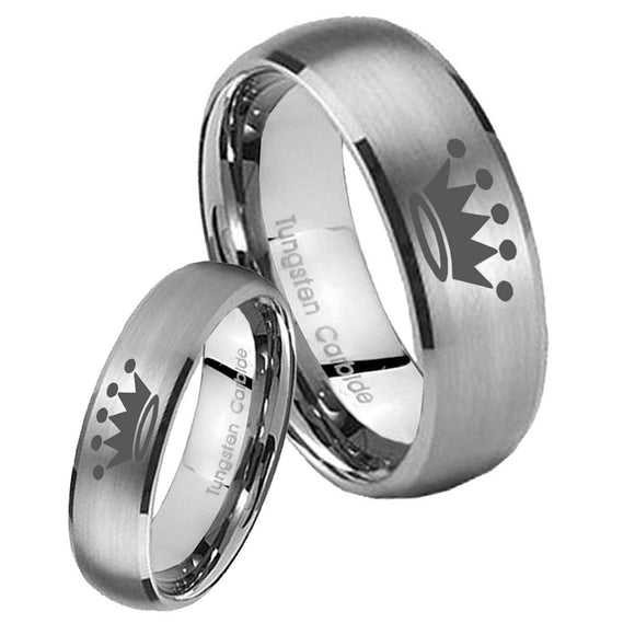 Bride and Groom Crown Dome Brushed Tungsten Carbide Men's Wedding Band Set