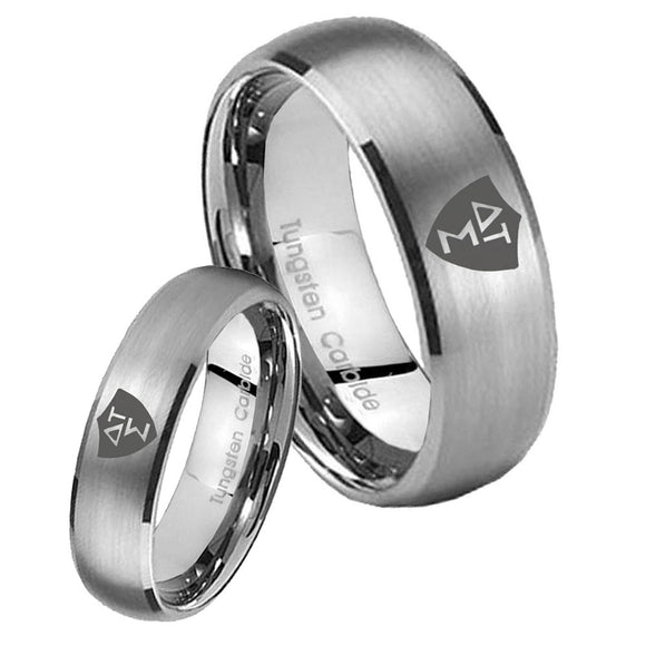 Bride and Groom Greek CTR Dome Brushed Tungsten Carbide Men's Band Ring Set