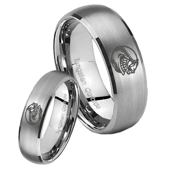 His and Hers Angry Baseball Dome Brushed Tungsten Wedding Engraving Ring Set