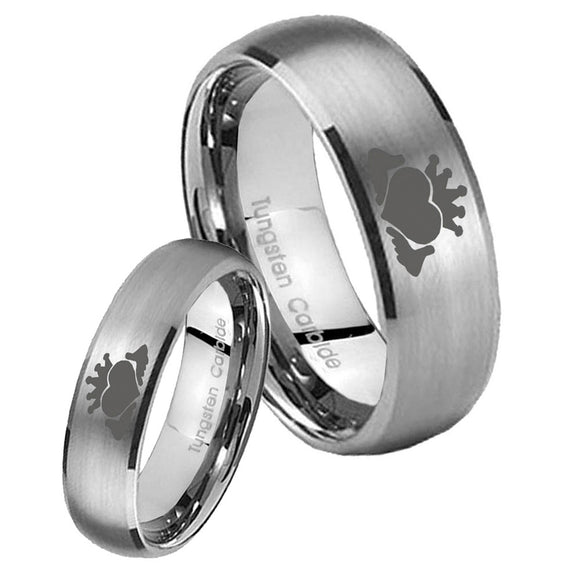 His and Hers Claddagh Design Dome Brushed Tungsten Mens Ring Personalized Set