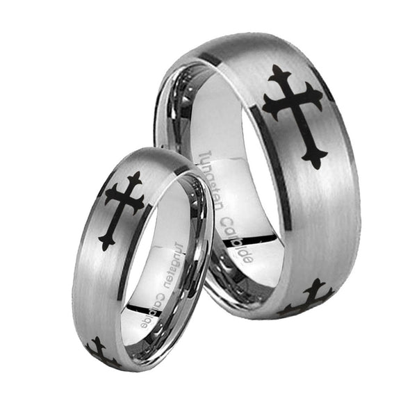 Bride and Groom Christian Cross Religious Dome Brushed Tungsten Carbide Men's Ring Set