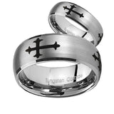Bride and Groom Christian Cross Religious Dome Brushed Tungsten Carbide Men's Ring Set
