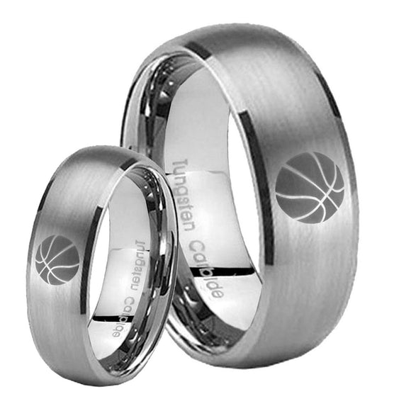 Bride and Groom Basketball Dome Brushed Tungsten Carbide Men's Promise Rings Set