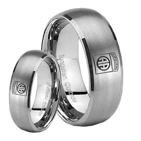 Bride and Groom Army Airborn Dome Brushed Tungsten Carbide Bands Ring Set