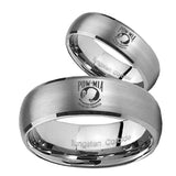 Bride and Groom Military Pow Dome Brushed Tungsten Carbide Engagement Ring Set