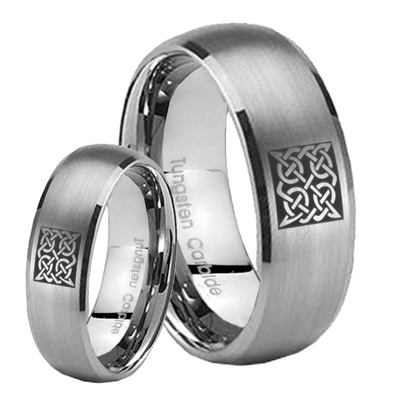 Bride and Groom Celtic Design Dome Brushed Tungsten Mens Wedding Band Set