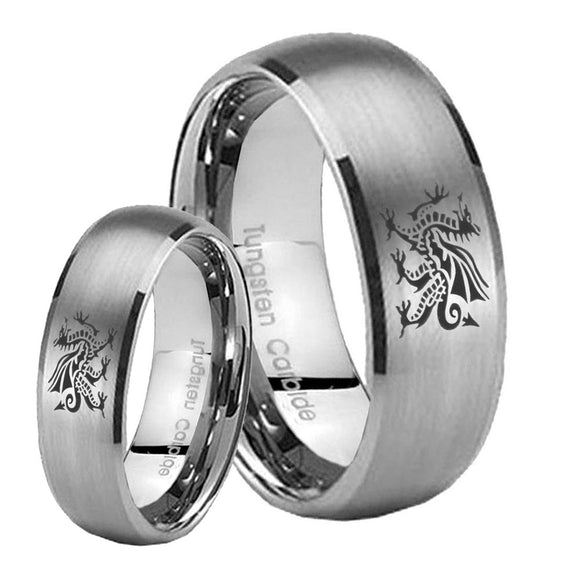 Bride and Groom Dragon Dome Brushed Tungsten Carbide Promise Ring Set