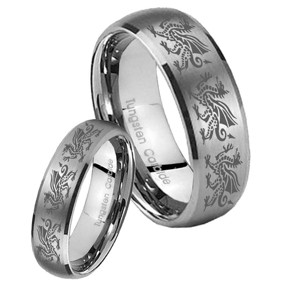 His and Hers Multiple Dragon Dome Brushed Tungsten Mens Engagement Ring Set