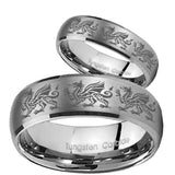 His and Hers Multiple Dragon Dome Brushed Tungsten Mens Engagement Ring Set