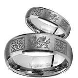 Bride and Groom Multiple Dragon Celtic Dome Brushed Tungsten Mens Ring Set