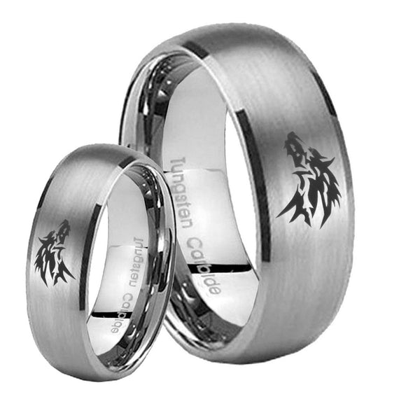 Bride and Groom Wolf Dome Brushed Tungsten Carbide Men's Wedding Band Set