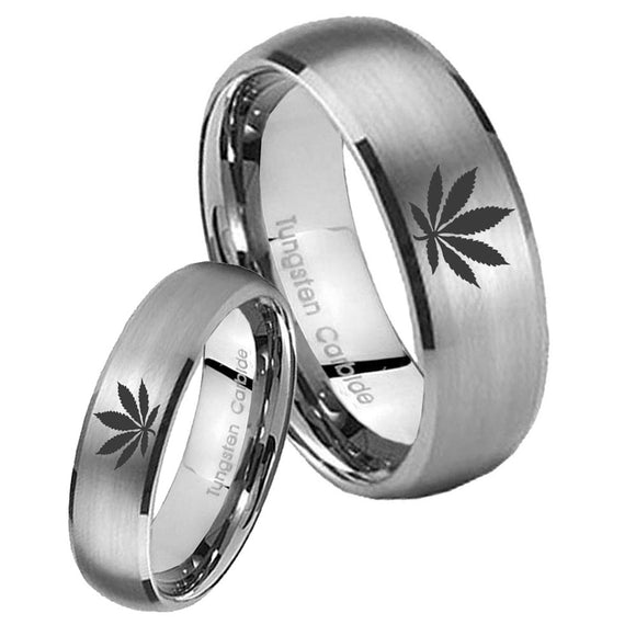 His and Hers Marijuana Leaf Dome Brushed Tungsten Men's Engagement Band Set