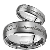 His Hers Heart Beat forever Heart always Dome Brushed Tungsten Mens Ring Set