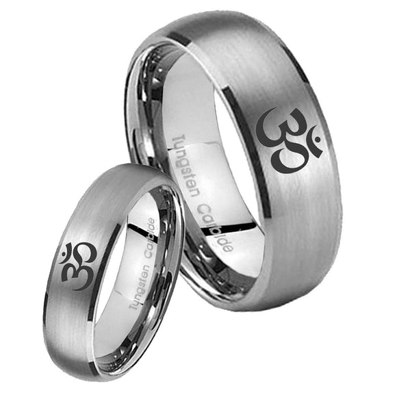 Bride and Groom Om Aum Yoga  Dome Brushed Tungsten Men's Promise Rings Set