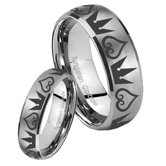 Bride and Groom Hearts and Crowns Dome Brushed Tungsten Carbide Men's Ring Set