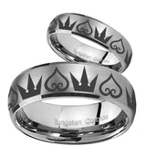 Bride and Groom Hearts and Crowns Dome Brushed Tungsten Carbide Men's Ring Set