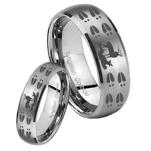 Bride and Groom Deer Hunting Tracks Dome Brushed Tungsten Engagement Ring Set