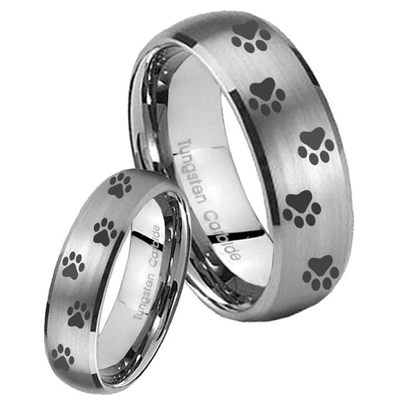 Bride and Groom Paw Print Dome Brushed Tungsten Mens Anniversary Ring Set
