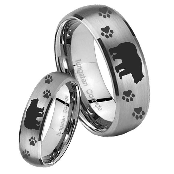 Bride and Groom Bear and Paw Dome Brushed Tungsten Carbide Men's Band Ring Set