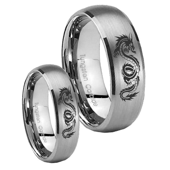 Bride and Groom Dragon Dome Brushed Tungsten Carbide Mens Engagement Ring Set
