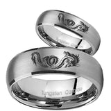 Bride and Groom Dragon Dome Brushed Tungsten Carbide Mens Engagement Ring Set