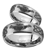 Bride and Groom Irish Claddagh Dome Brushed Tungsten Mens Ring Personalized Set