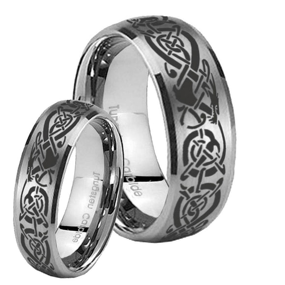 Bride and Groom Celtic Knot Dragon Dome Brushed Tungsten Promise Ring Set