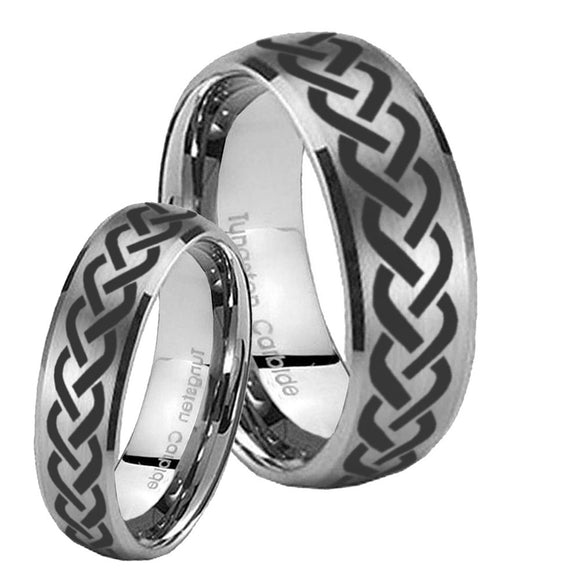 Bride and Groom Laser Celtic Knot Dome Brushed Tungsten Carbide Men's Ring Set