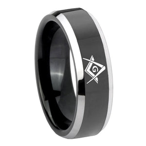 10mm Freemason Masonic Beveled Glossy Black 2 Tone Tungsten Mens Ring Engraved