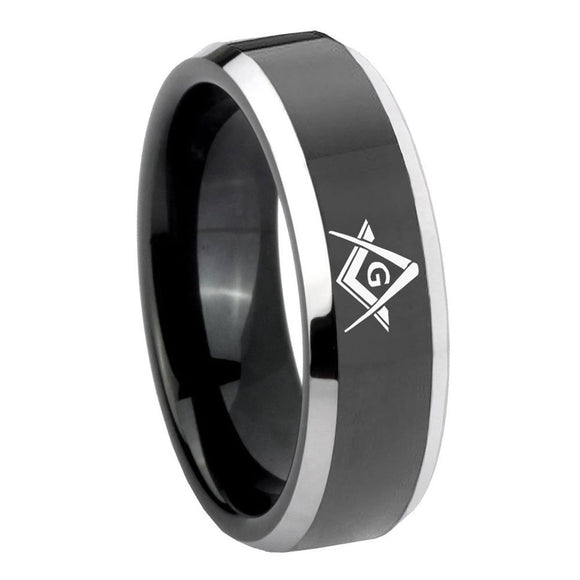 8mm Freemason Masonic Beveled Glossy Black 2 Tone Tungsten Men's Band Ring