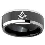 10mm Freemason Masonic Beveled Glossy Black 2 Tone Tungsten Mens Ring Engraved