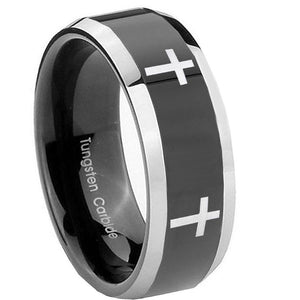 10mm Crosses Beveled Edges Glossy Black 2 Tone Tungsten Mens Ring Personalized