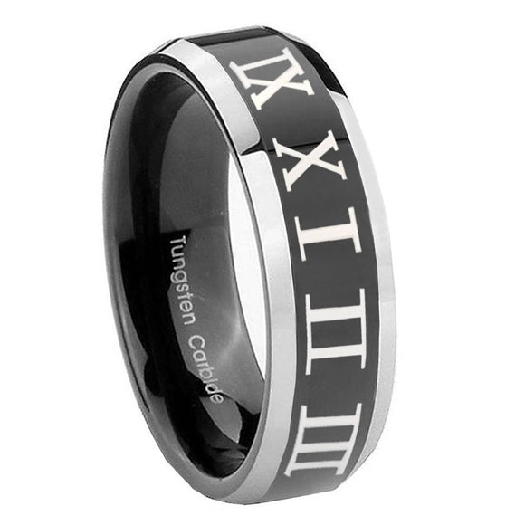8mm Roman Numeral Beveled Glossy Black 2 Tone Tungsten Men's Engagement Ring