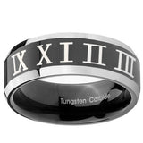 10mm Roman Numeral Beveled Edges Glossy Black 2 Tone Tungsten Anniversary Ring