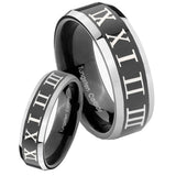 His Hers Roman Numeral Beveled Glossy Black 2 Tone Tungsten Rings Set