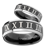 His Hers Roman Numeral Beveled Glossy Black 2 Tone Tungsten Rings Set