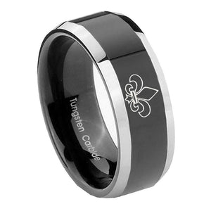 8mm Fleur De Lis Beveled Edges Glossy Black 2 Tone Tungsten Men's Ring