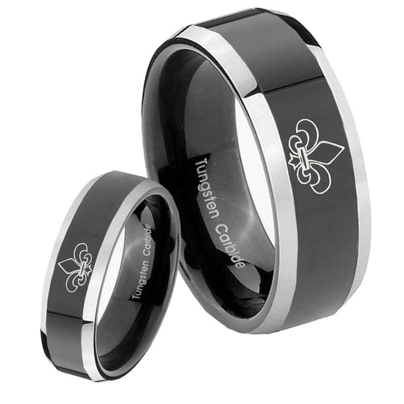 His Hers Fleur De Lis Beveled Glossy Black 2 Tone Tungsten Engraving Ring Set