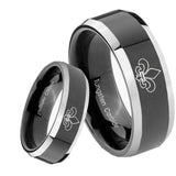 8mm Fleur De Lis Beveled Edges Glossy Black 2 Tone Tungsten Men's Ring