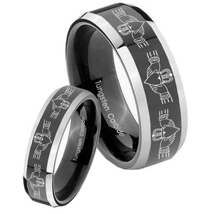 His Hers Irish Claddagh Beveled Glossy Black 2 Tone Tungsten Rings Set