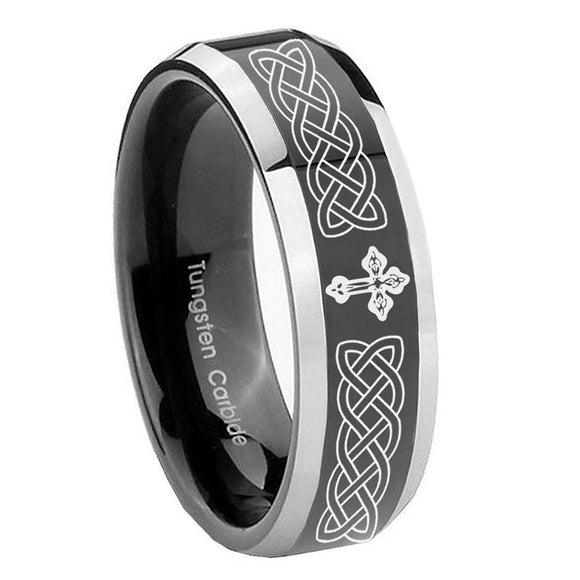 8mm Celtic Cross Beveled Edges Glossy Black 2 Tone Tungsten Men's Promise Rings